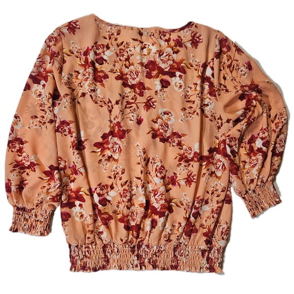 Rose + Olive Blouse Womens Medium Orange Floral Smocked Long Sleeve Boho Top - Picture 2 of 8